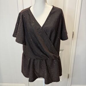 Lane Bryant Black Classic Flutter Sleeve V Neck Peplum Blouse Size 22/24 Sequins